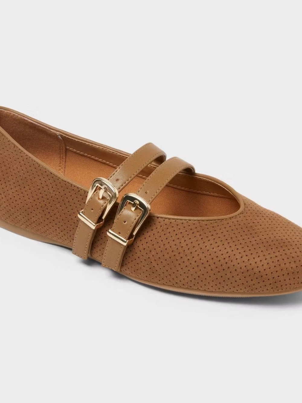 Women's Double-Strap Perforated Mary Jane Flats in Tan with Gold Buckles